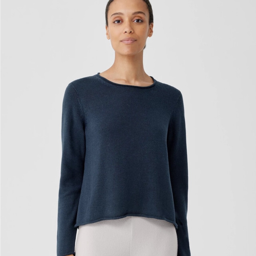 Eileen Fisher Peruvian Cotton Blend Jewel Neck Sweater Eucalyptus / Dark Teal XS